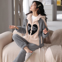 权小威 拉链款睡衣女秋冬季加厚加绒保暖款可外穿家居服套装