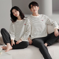 权小威 情侣款睡衣女春秋季棉长袖条纹华夫格休闲青年套头套装冬天家居