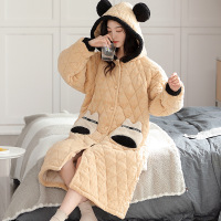 权小威 睡袍女冬季中长款2022年新款三层夹棉加绒加厚可爱睡衣连帽家居服