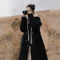 权小威 黑色毛呢大衣女中长款宽松学生呢子外套女小个子赫本风秋冬牛角扣