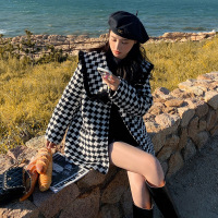 权小威 2022领棋盘格毛呢外套女秋冬装韩系小个子短款呢子大衣潮