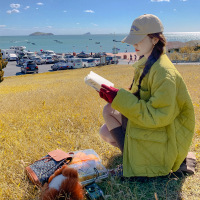 权小威 2022菱形格绗线棉服外套女冬韩版学院风小个子短款加厚棉衣潮