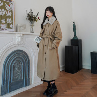 权小威 2022过膝长款派克服棉衣女冬季加绒加厚卡其色工装外套潮