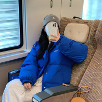 权小威 克莱因蓝短款立领羽绒服女2022冬季新款韩版加厚保暖白鸭绒外套潮