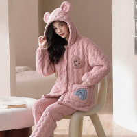 权小威 睡衣女2022年新款秋冬季三层夹棉加厚保暖可外穿连帽家居服
