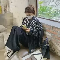 权小威 2023黑色机车pu皮衣短外套女春季小个子棋盘格拼接夹克上衣潮