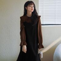 权小威 2023新款洋气显瘦衬衫背带连衣裙女春秋季娃娃领黑色时尚套装