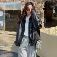 权小威 2023黑色皮衣女春款小个子宽松修身pu夹克复古机车短款外套潮