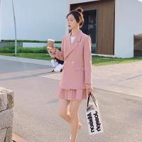 权小威 韩版小个子气质休闲西装春季2023新款粉色显高显瘦百褶裙套装