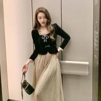 权小威 法式复古方领洋气减龄两件套裙装网纱半身裙套装丝绒套装裙