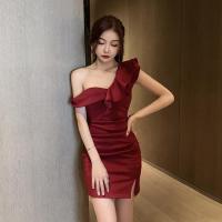 权小威 低胸性感单肩抹胸连衣裙木耳边修身开叉女短裙夜场浴足技师工作服