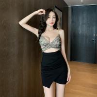 权小威 深V低胸性感蕾丝吊带连衣裙 气质拼接露肚显瘦包臀短裙夜女装