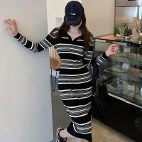 权小威 polo领毛衣长袖条纹针织连衣裙女春秋新款修身显瘦内搭中长款裙