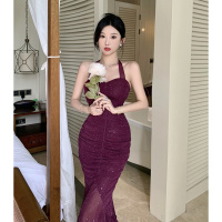 权小威 2023新款梅子色挂脖款波浪大鱼尾裙吊带收腰显瘦礼服裙