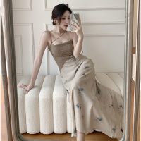 权小威 2023新款辣妹海边度假风细肩带吊带长款连衣裙低胸露背性感长裙