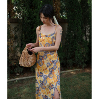权小威 碎花吊带连衣裙夏侧开叉雪纺长裙泰国三亚海边度假