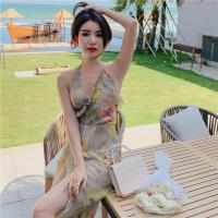 权小威 复古花朵油画印花V领长裙露背连衣裙2023新款度假连衣裙