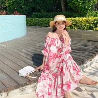 权小威 2023新款一字肩花朵印花时髦连衣裙时髦优雅气质女长裙