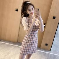 权小威 气质韩版女装格子短袖收腰裙子拼接雪纺A字裙