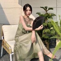 权小威 2023春季新款仙气中长款拼接水墨画吊带连衣裙