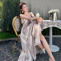 权小威 夏季新款天青色等烟雨水墨山水画小众设计复古气质吊带连衣裙