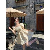 权小威 法式方领蓬蓬裙连衣裙女夏公主裙提花露背泡泡袖短款裙子