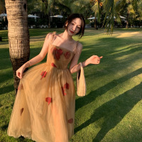 权小威 海边旅游穿搭度假裙一字肩吊带连衣裙网纱蓬蓬裙沙漠拍照裙