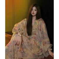 权小威 海南三亚春夏海边度假宫廷灯笼袖印花连衣裙长裙波西米亚沙滩裙女