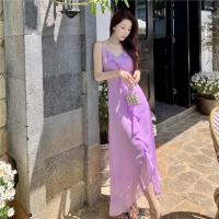 权小威 夏季新款紫色仙女雪纺连衣裙性感露背荷叶边吊带裙鱼尾裙