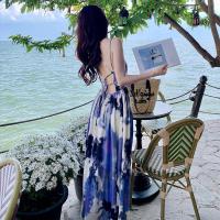 权小威 法式印花连衣裙女夏新款海边度假露背纯欲吊带裙