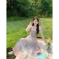 权小威 夏季无袖时尚优雅印花吊带裙灵动轻盈花裙子女