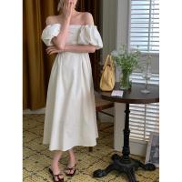 权小威 法式洋气一字肩抹胸褶皱泡泡袖两穿收腰显瘦中长款连衣裙
