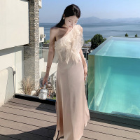 权小威 荷叶边雪纺单肩上衣+缎面半身长裙礼服连衣裙高级感夏装两件套裙