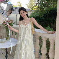权小威 设计法式度假优雅提花复古抽褶无袖浪漫褶皱吊带连衣裙海边沙滩裙