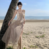 权小威 法式重工绑带荷叶边氛围感仙女连衣裙束腰礼服长裙子生日宴会拍照