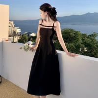 权小威 黑色吊带蝴蝶结连衣裙女夏法式高级感设计感小众小个子长裙子