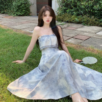 权小威 烟雨江南水墨晕染裹胸裙夏季高级感裙子一字肩连衣裙女