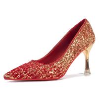 权小威 2023秋冬季新款秀禾服红色婚鞋女细跟尖头高跟新娘鞋两穿婚纱单鞋