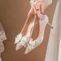 权小威 婚鞋新娘鞋2023新款高跟鞋女细跟蝴蝶结秀禾两穿主婚纱水晶鞋