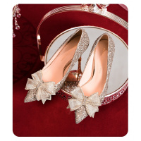 权小威 水晶银色蝴蝶结高跟鞋女细跟仙女风少女伴娘金色婚鞋秀禾婚纱两穿