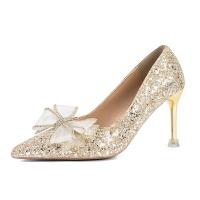 权小威 高跟鞋女2023年新款尖头新娘水晶婚鞋水钻蝴蝶结细跟伴娘鞋