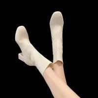 权小威 马丁靴女2023秋季新款韩版时尚方头套筒短靴飞织粗跟中跟女靴