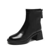 权小威 2023年秋冬新款单靴子软皮短靴女后拉链粗跟弹力瘦瘦靴英伦马丁靴