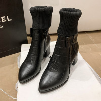 权小威 2023秋冬新款粗跟中筒靴女休闲成熟风拉链毛线口女靴蝴蝶结靴子