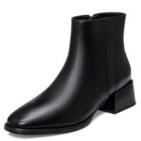 权小威 粗跟圆头女鞋2023年春秋新款中跟女靴子及裸靴短靴女抖音