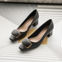 权小威 法式玛丽珍鞋粗跟方头浅口单鞋女2023春季新款高跟鞋黑色百搭女鞋