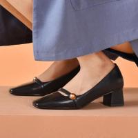 权小威 玛丽珍鞋黑色工作鞋女粗跟单鞋女方头浅口新款中跟珍珠扣带女鞋