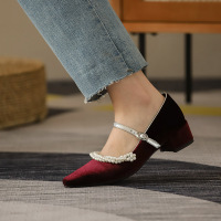 权小威 2023单鞋女春复古粗跟法式珍珠旗袍高跟鞋赫本玛丽珍鞋女中跟黑色