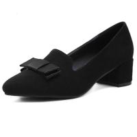 权小威 单鞋女中跟粗跟韩版2023春秋蝴蝶结尖头浅口黑色职业工作休闲女鞋