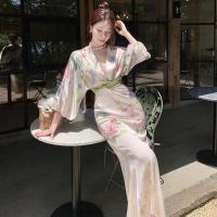 权小威 *复古出浴法式收腰印花气质连衣裙v领春夏改良和服夏装裙